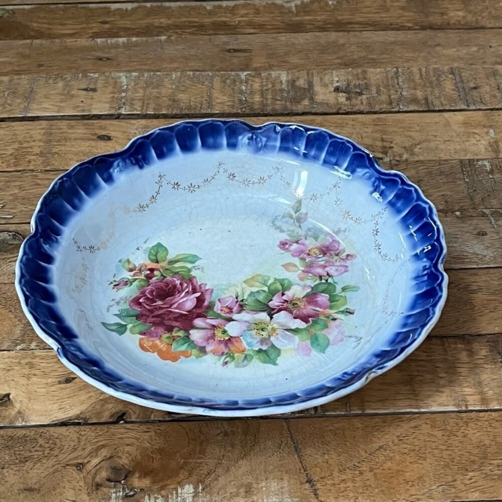 VTG La Francaise Porcelain Flow Blue & White Floral Decorative Bowl 1900-1916